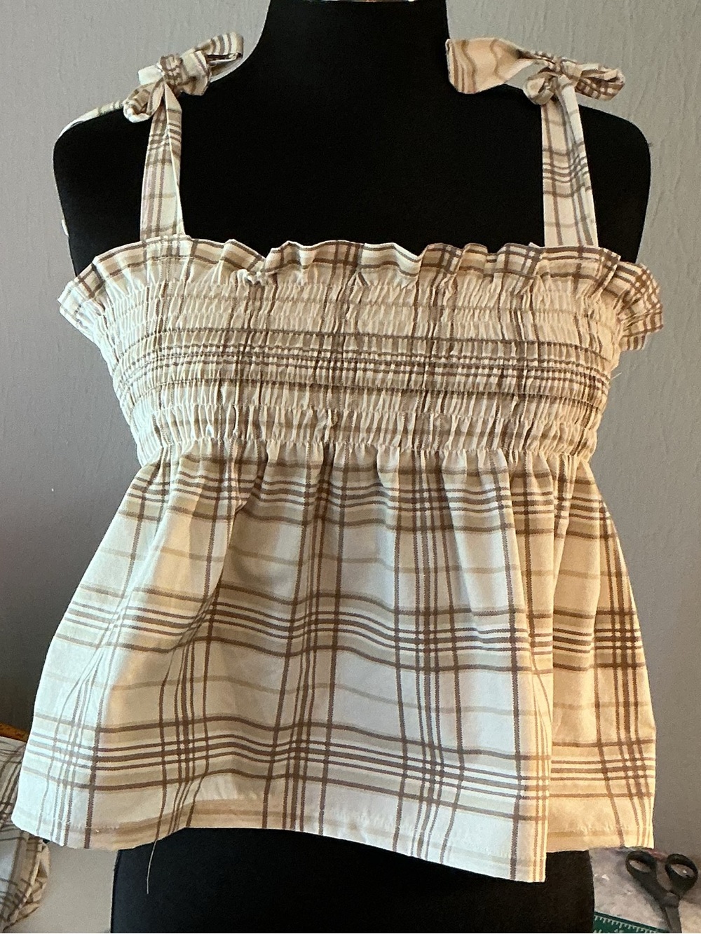 Plaid Smocked Tie-Shoulder Crop Top - Cream
